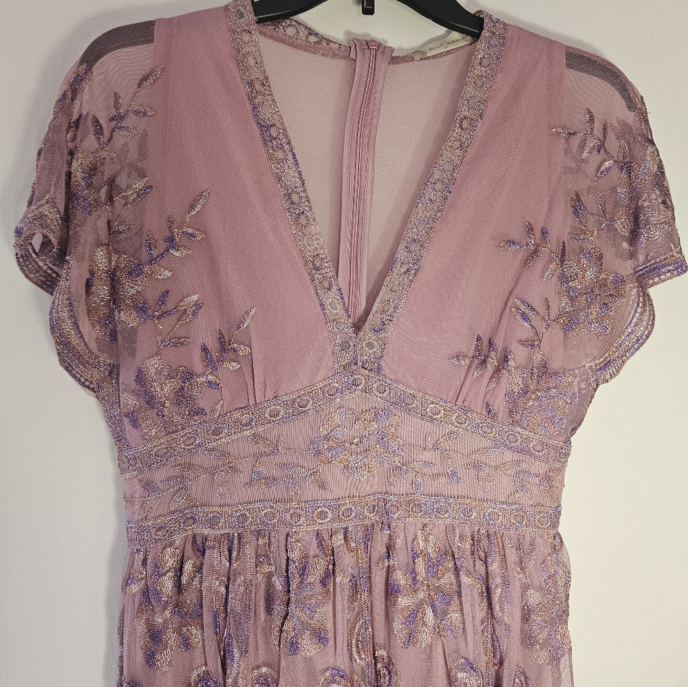 Dusty Rose Embroidered V-Neck Maxi Dress